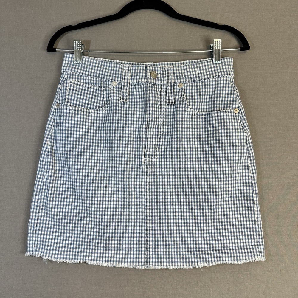 Madewell Blue White Gingham Stretch Denim Skirt Pockets Short Size 27